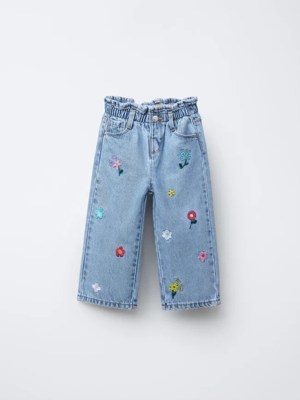 Zara Wide Leg Jeans with Colorful Flower Embroidery - Like New